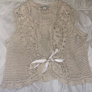 Crochet Lace Vest with Ribbon Tie